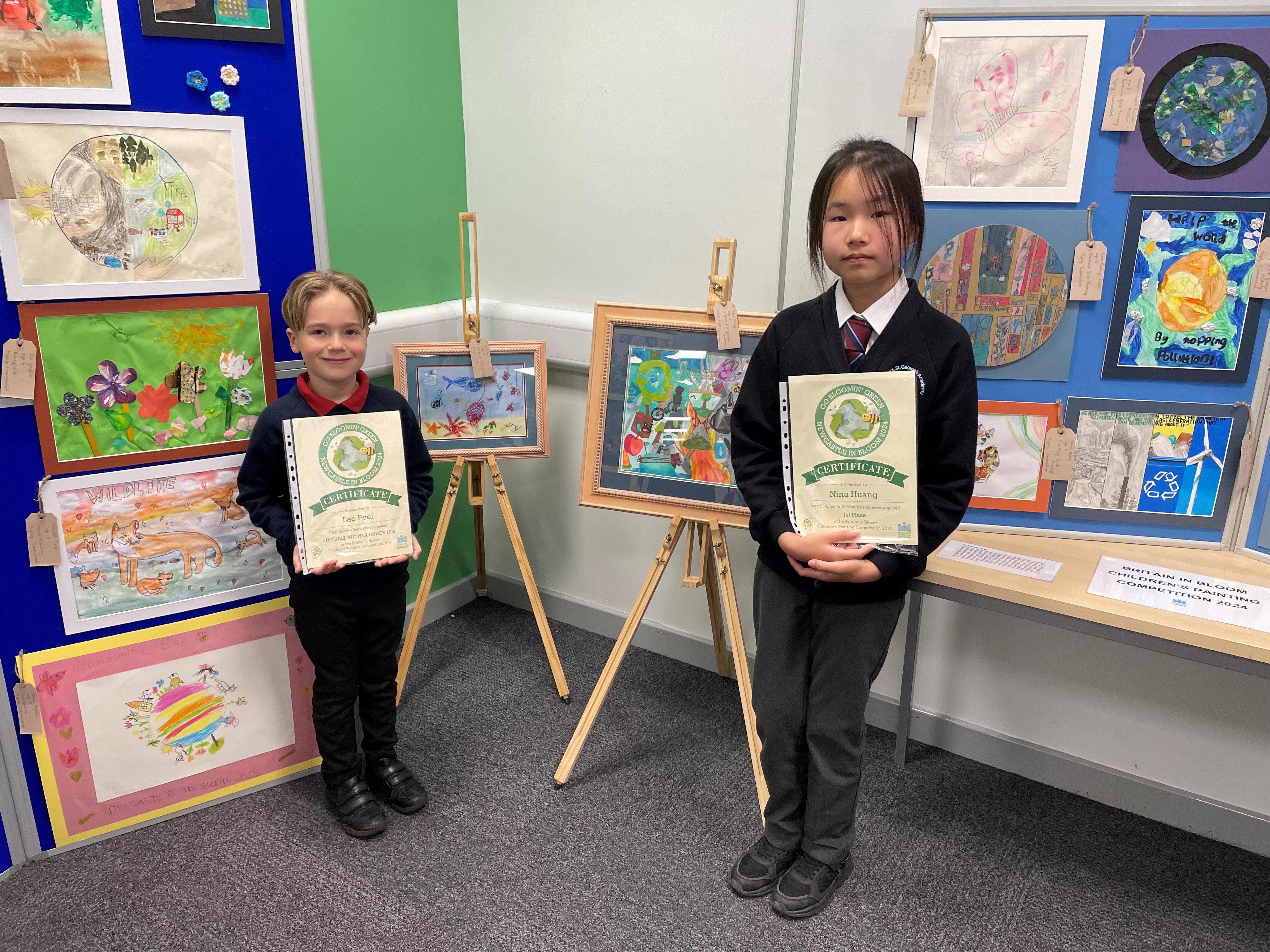 Leo Peel, aged six, and Nina Huang, 10, are the main winners of the Council's latest Britain in Bloom children's art competition.