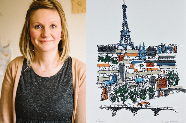 The image shows artist Ruth Allen with her line drawing of the Paris skyline.