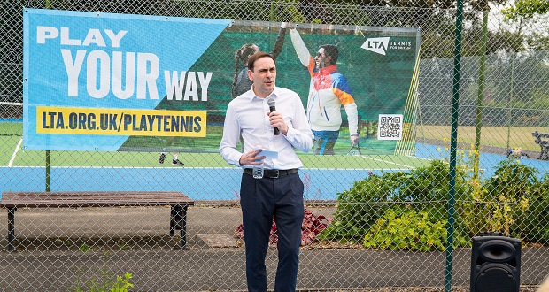 Image shows Council Leader Simon Tagg at the official reopening of the tennis courts.