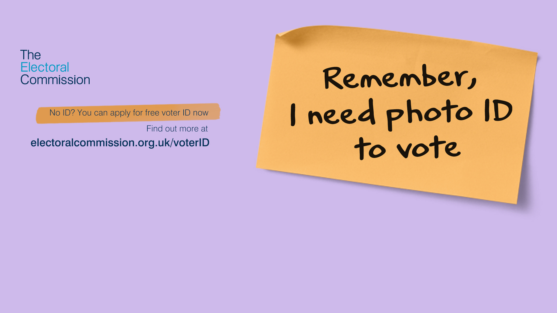 The image shows a post-it with the words: Remember, I need photo ID to vote.