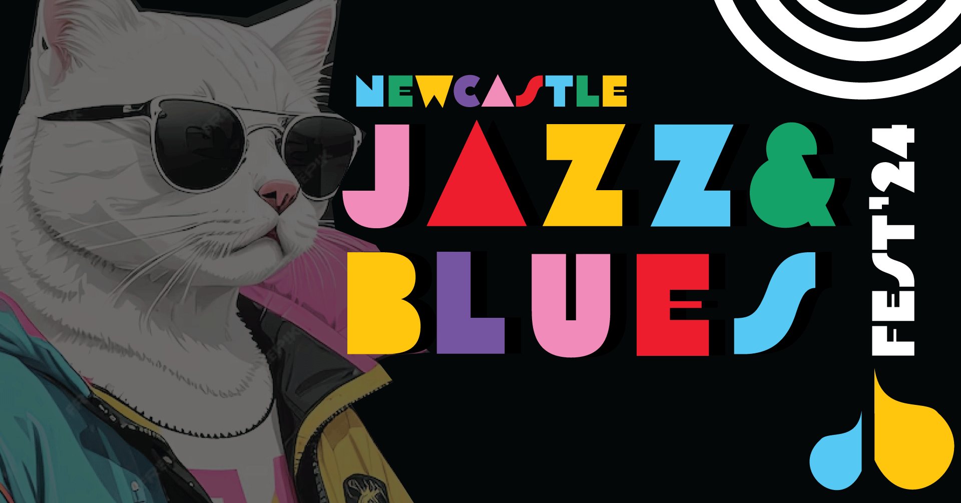 A cartoon of a white cat wearing cool sungless and the slogan Newcastle jazz and blues 24